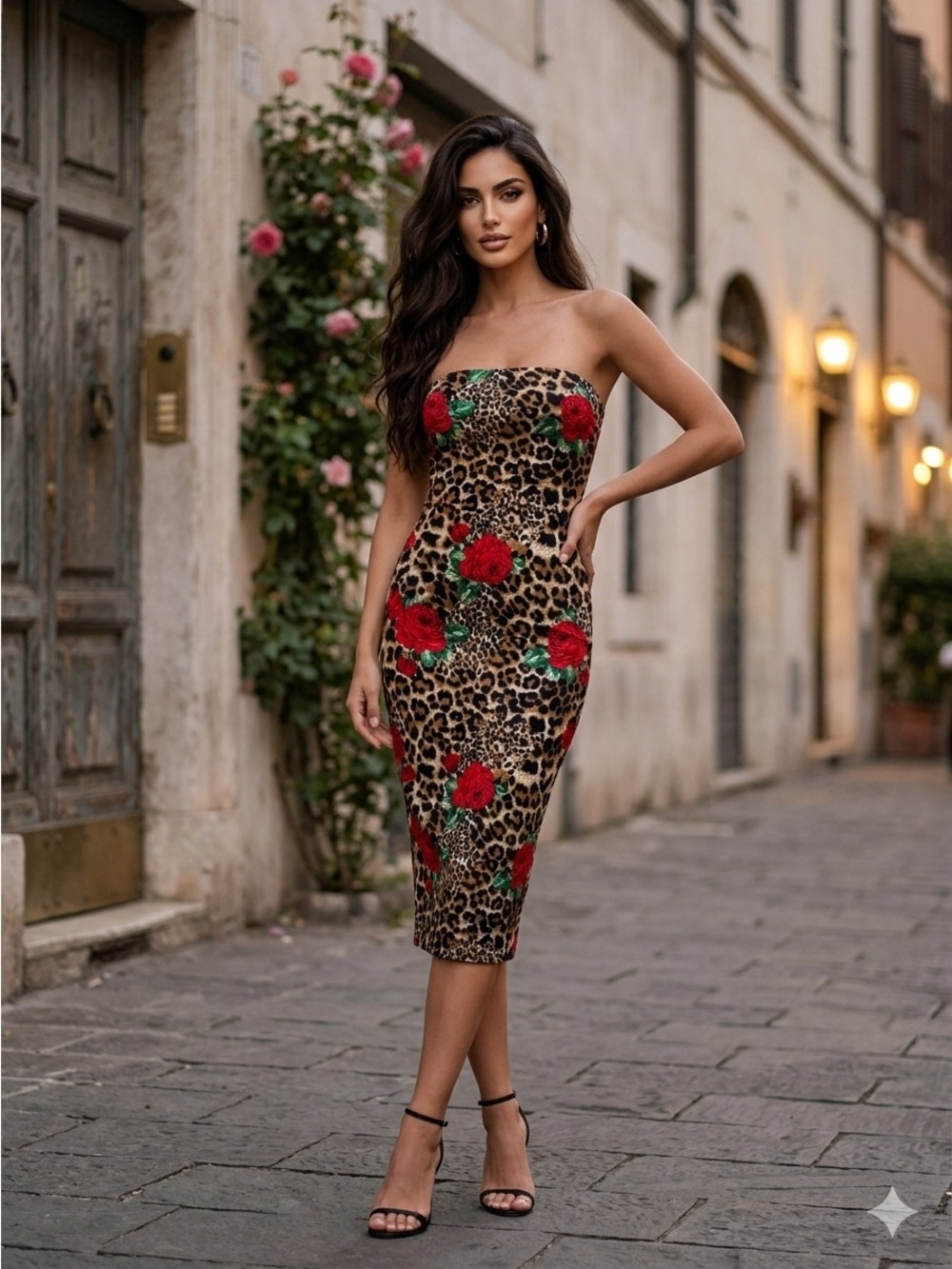DNA Couture Leopard Print Strapless Midi Dress with Red Rose Accents - Medium